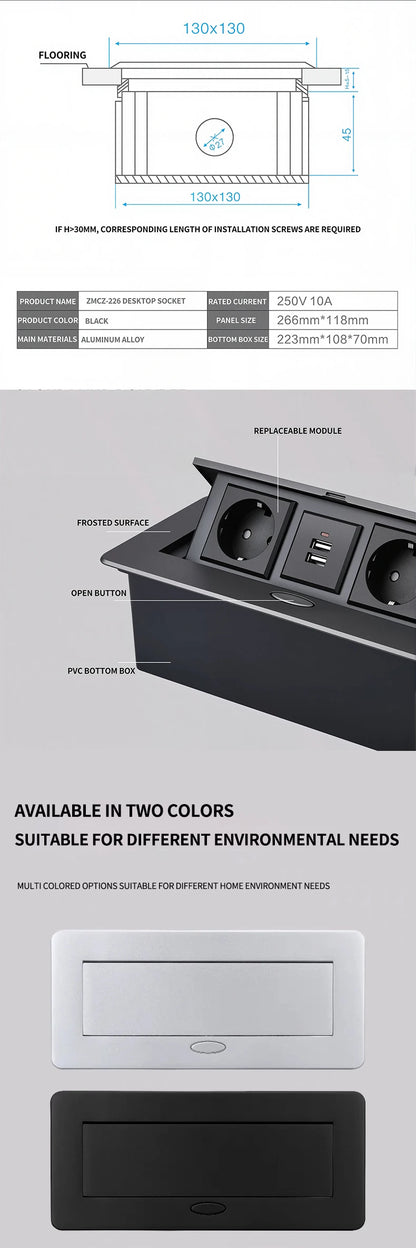 Multifunctional Slow-Rise Pop-Up Socket with USB/HDMI - Aluminum Alloy Embedded Conference Desk Socket