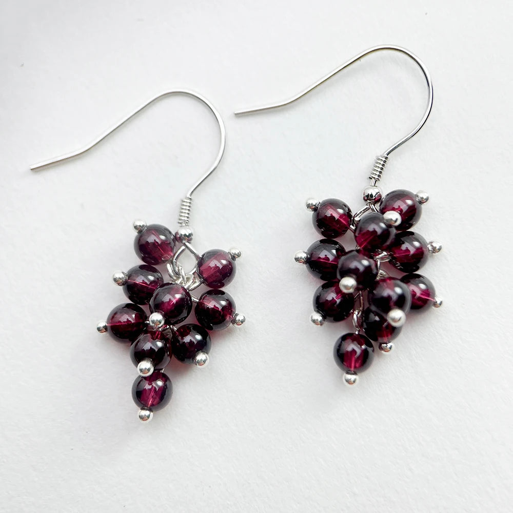 Cute Cluster Natrual Garnet Beads Dark Red Grape 925 Sterling Silver Hook Drop Dangle Earrings For Women Girls Jewelry Handmade
