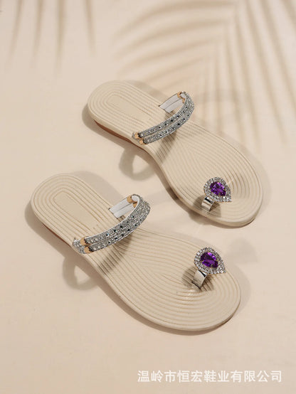 Flip-flops women 2024 summer new two-wear beach sandals European and American rhinestones soft soles flat slippers