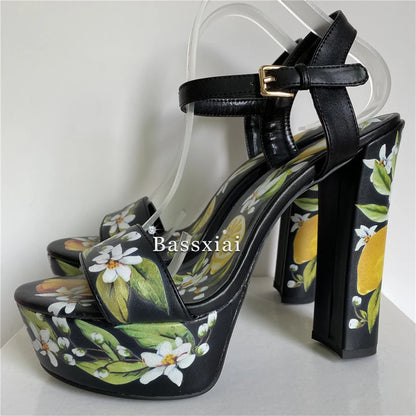 2025 Print Flower High Platform Sandals Women Chunky Heel Genuine Leather Ankle Strap Party Shoes Summer