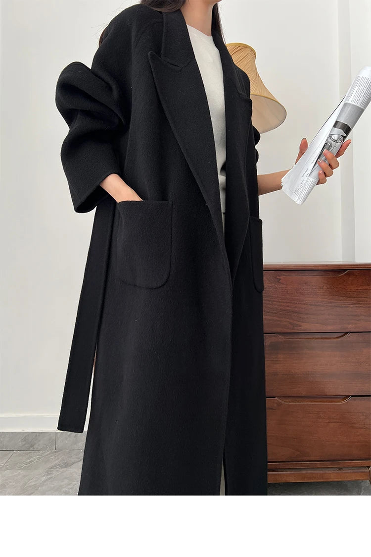 Office Lady Woolen Jackets 2024 Autumn And Winter Bathrobe Style Pocket Double-Sided Loose Lace -Up Tie Women's Long Wool Coats