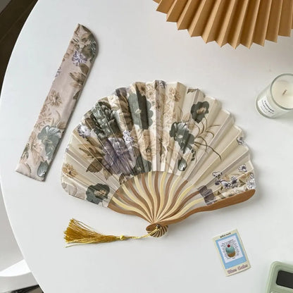 Portable Hand Fold Fan New Chinese Style Dance Props Retro Shell Fan Woman Men Bamboo Wood Silk Flower Folding Fan