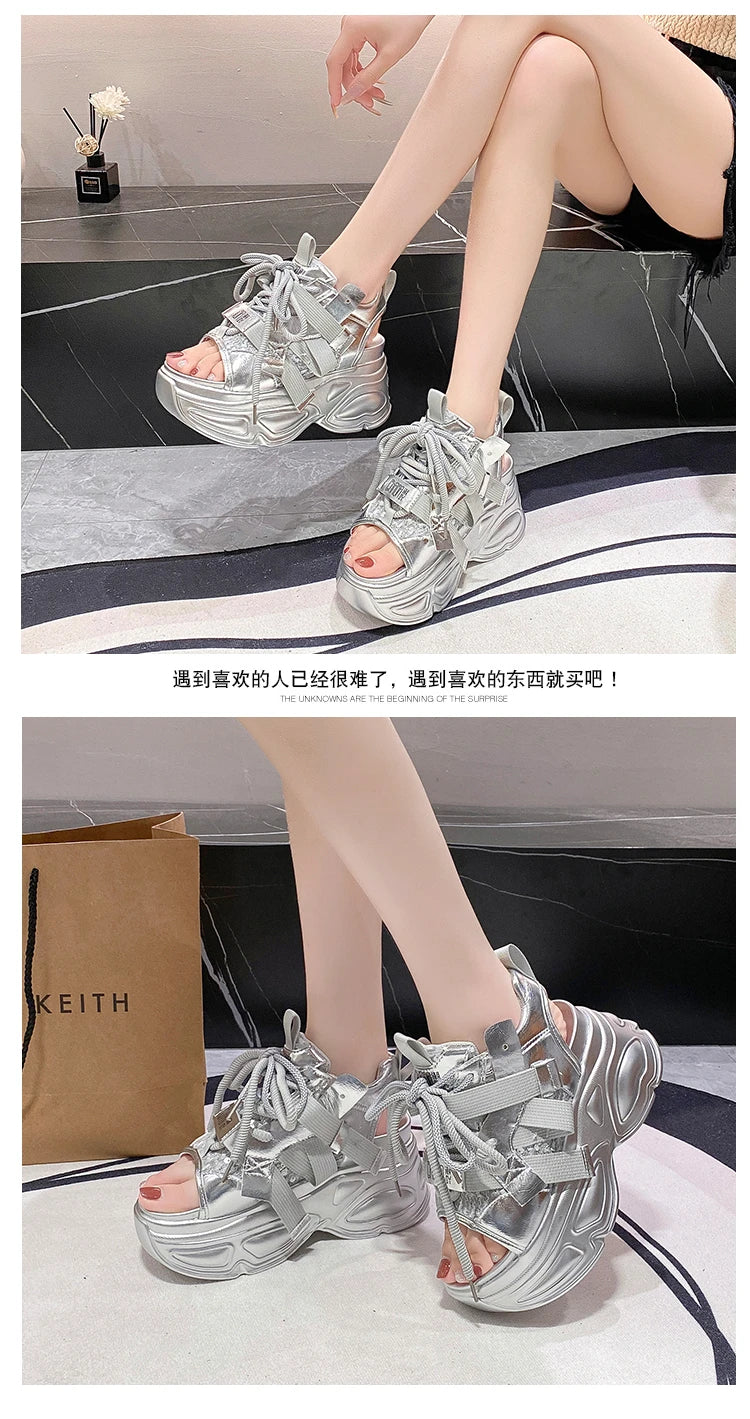 8.5cm Summer Women Leather Chunky Sandals High Platform Trainers Breathable Casual Slippers Shoes New Woman Heels Wedge Sneakers