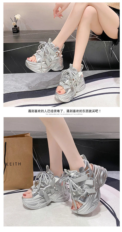 8.5cm Summer Women Leather Chunky Sandals High Platform Trainers Breathable Casual Slippers Shoes New Woman Heels Wedge Sneakers