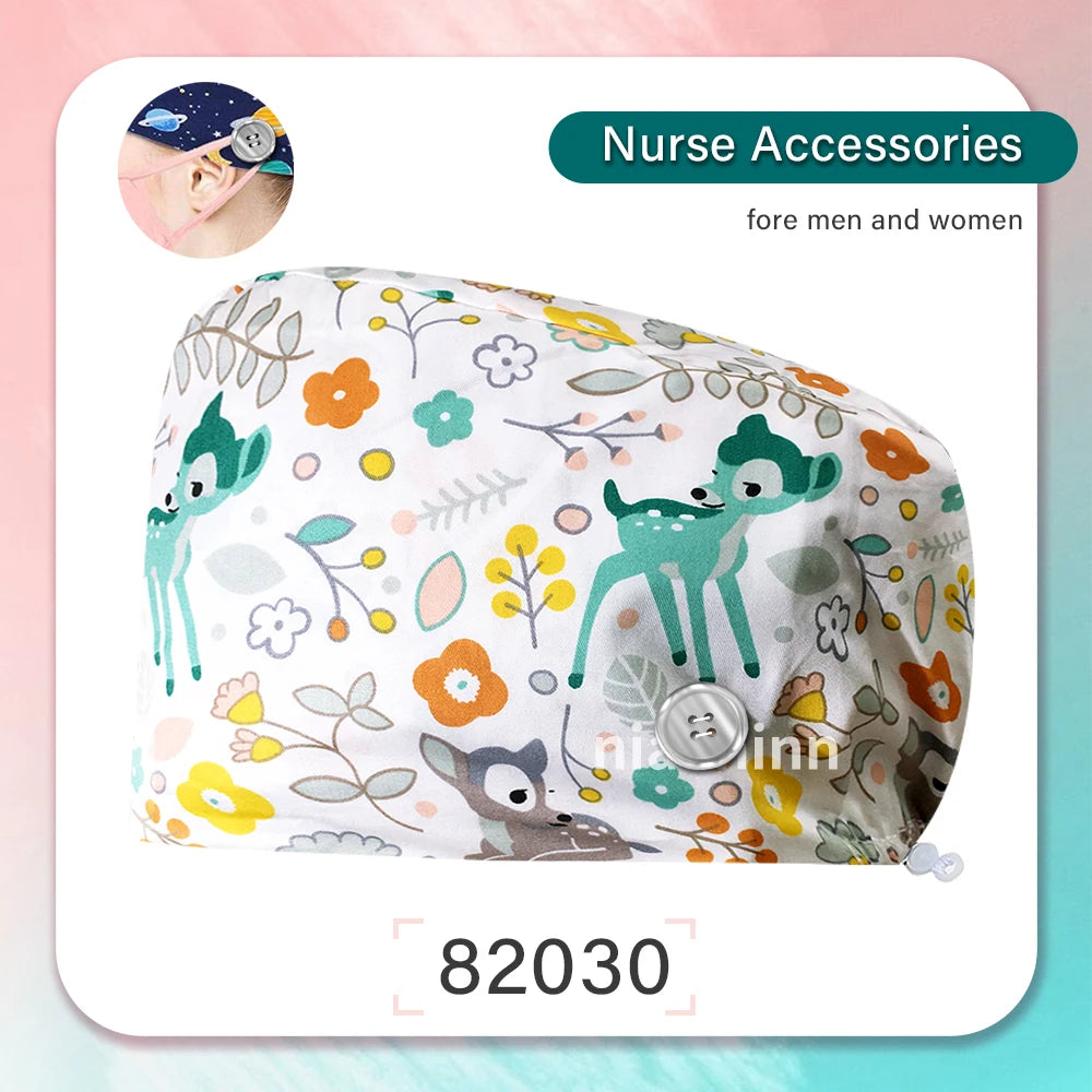 Cartoon Printed Operating Room Doctor Work Scrub Hat Pharmacy Dentistry Clinic Surgical Cap Adjustable Medical Nurse Accessories