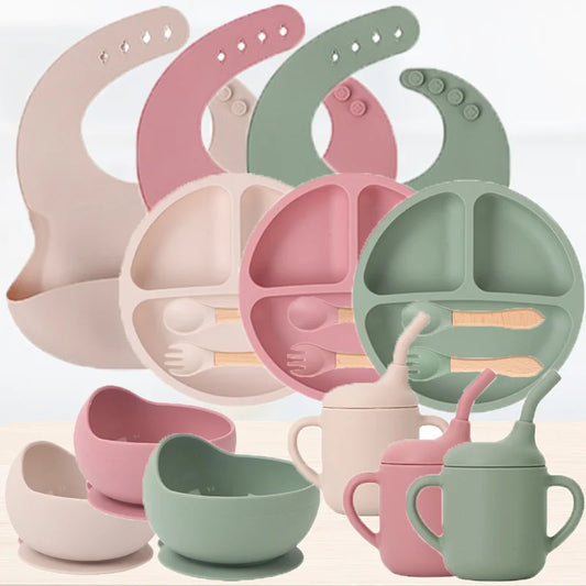 Children's silicone tableware set Baby Complementary Food Training 1/2/3/5PCS Set Sucker Bowl Bib Cup Fork Spoon Set Maternal
