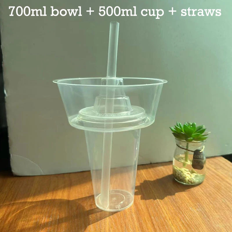 2PCS 2In1 Drink Snack Cup Bowl Bubble Milk Tea Fruit Portable Cups Stadium Tumbler Desserts Fondue Coke Water Bottle Adults Kids