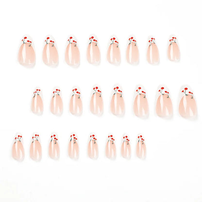 24Pcs Detachable Acrylic False Nails Press On Nail Cute Cherry French Almond Wearable Artificial Fake Nails Full Cover Nail Tips
