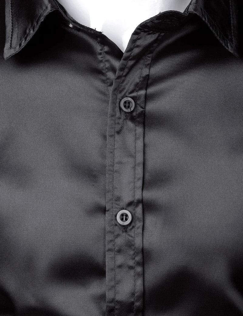 Black Mens Silk Dress Shirts 3Pcs(Shirt +Tie+Bowtie) Smooth Satin Shirt Men Slim Fit Party Prom Casual Shirts Men Social Camisa