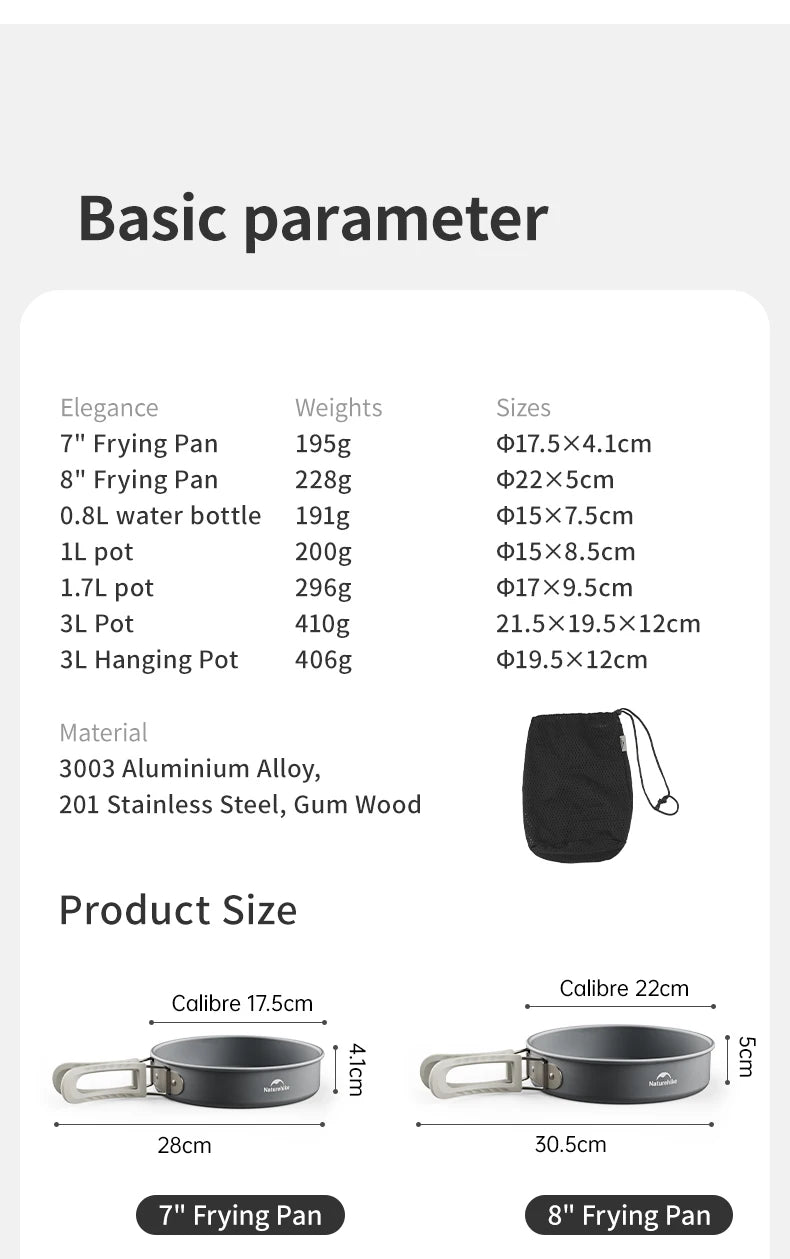 Naturehike Camping Pot Set Aluminum Alloy Cookware Pot Set Portable Outdoor Picnic Tableware Camping Cookware Kit CNK2450CF010