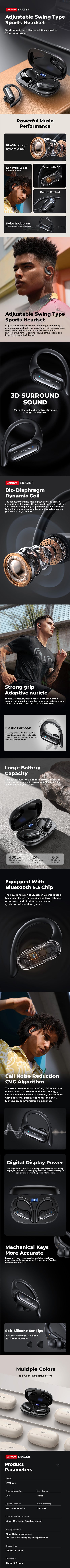 Original Erazer XT60 PRO Sports Wireless Headphones Bluetooth  Earphones HiFi Lenovo Earbuds with Mic Earhook