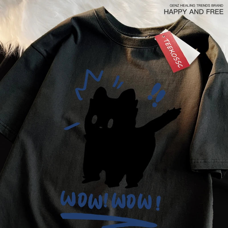 Wow Wow Fun Black Cat Print Japanese Style Men Women Top Fashion T Shirt Cotton Loose T-Shirt Casual O-Neck Clothes Oversize Top