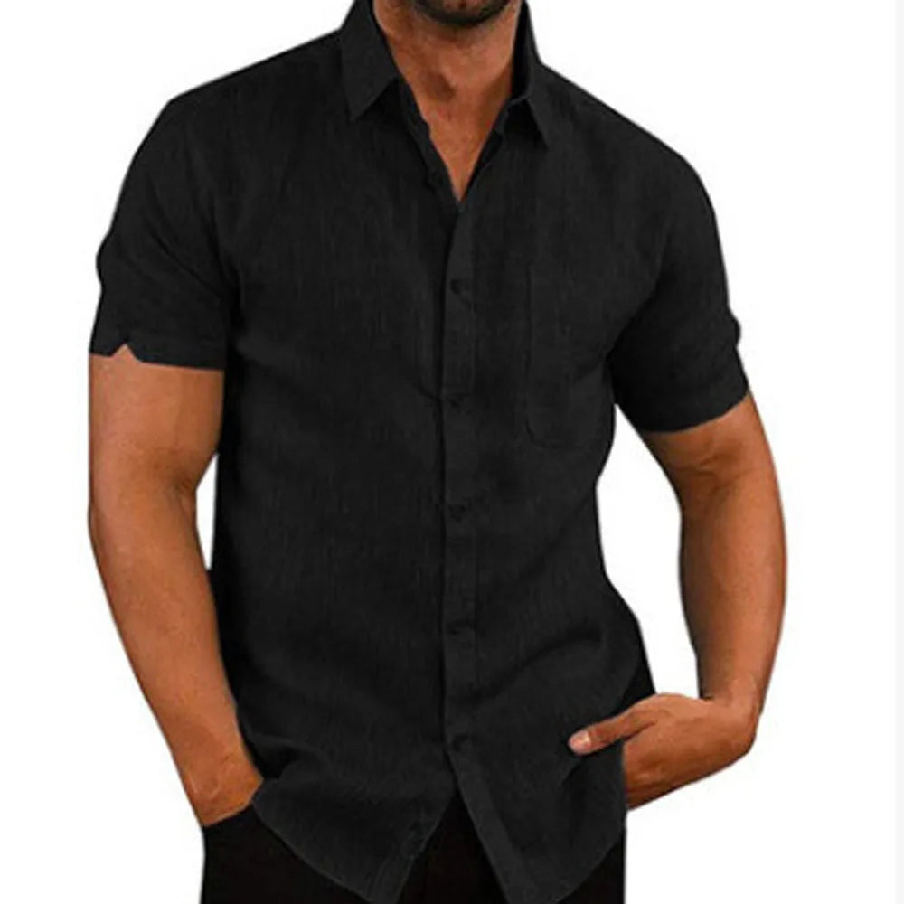 Men Pocket Blouse Tops Summer Male Turn Down Collar Button Short Sleeve Slim Solid Color Blouse Shirts YYCFS-19505