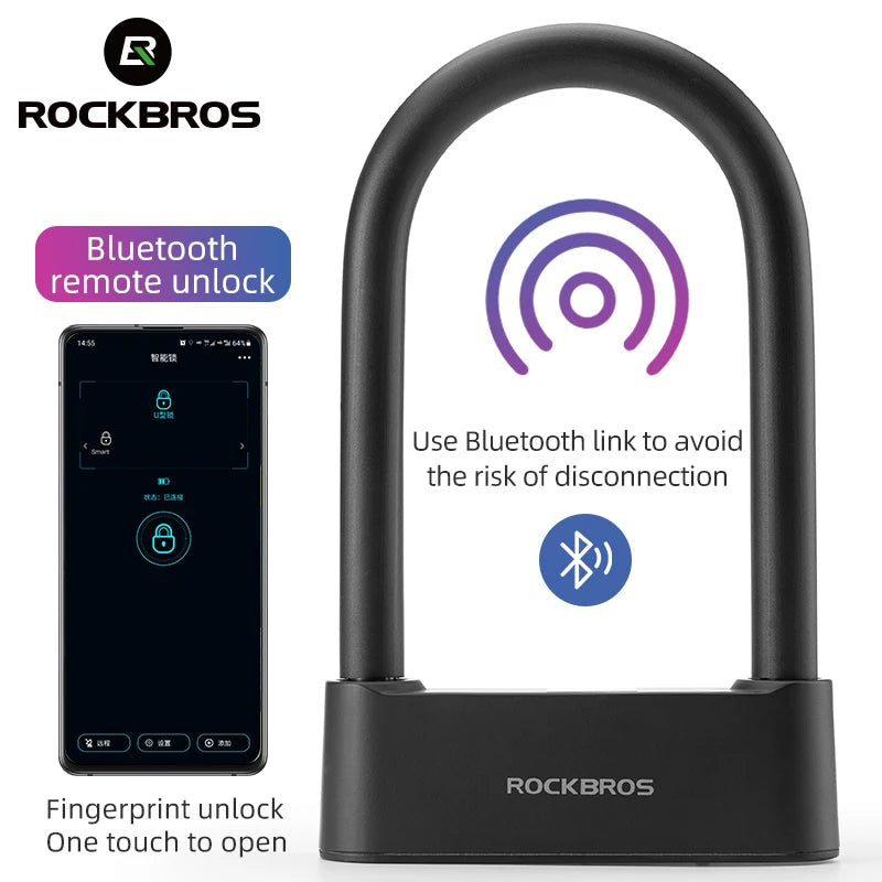 ROCKBROS Bicycle Smart Lock Bluetooth Fingerprint Unlock Waterproof High Strength Steel Alloy Anti-theft U-Lock Bike Accessories
