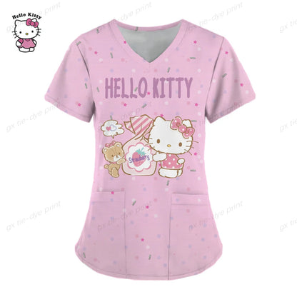 Hello Kitty Print surgical uniforms pharmacy hospital nurse scrubs tops breathable beauty salon dentistry pet doctor overalls