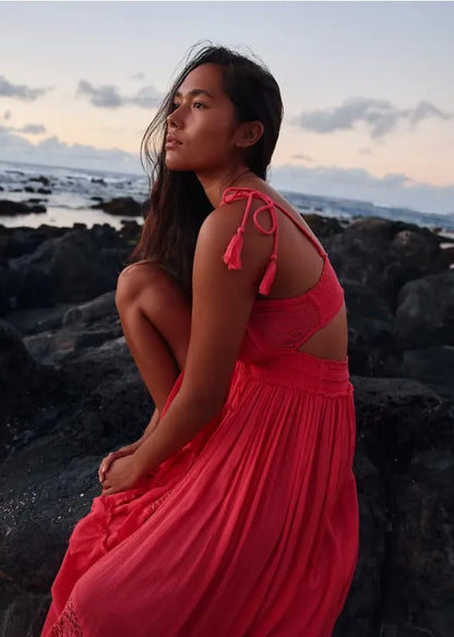 canwedance Summer Beach Dress Sleeveless Cotton Maxi Dresses Boho Style Solid Color Lace Ruffled Sundress Mujer Vestidos