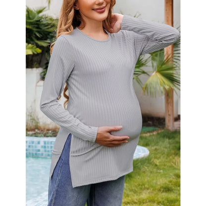 Spring New Maternity Clothes Round Neck Solid Color Slit Long Sleeve Base T-shirt Tops For Pregnant Women Maternity Wear