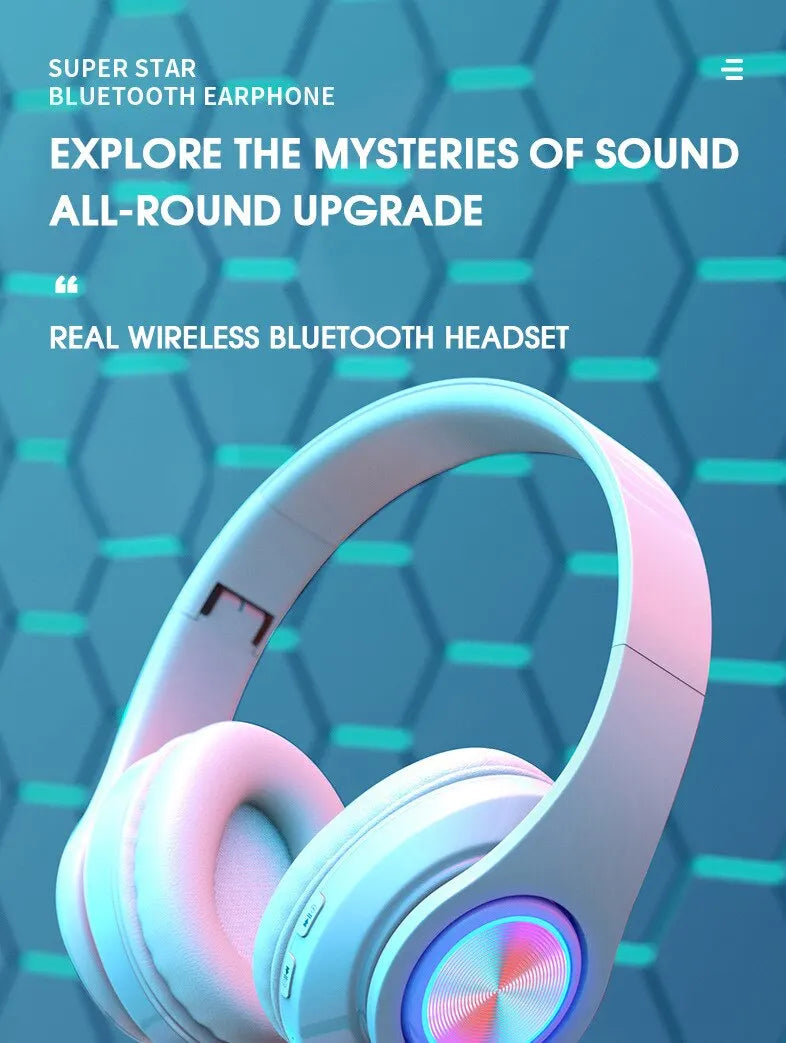 over-ear bluetooth headset wireless subwoofer headset folding card colorful luminous headset