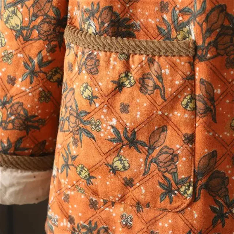 Women Retro Floral Plate Buckle Cotton Jacket Thickened Warm Cotton Clothing Cotton Linen Printed Autumn Winter Cotton Jacket