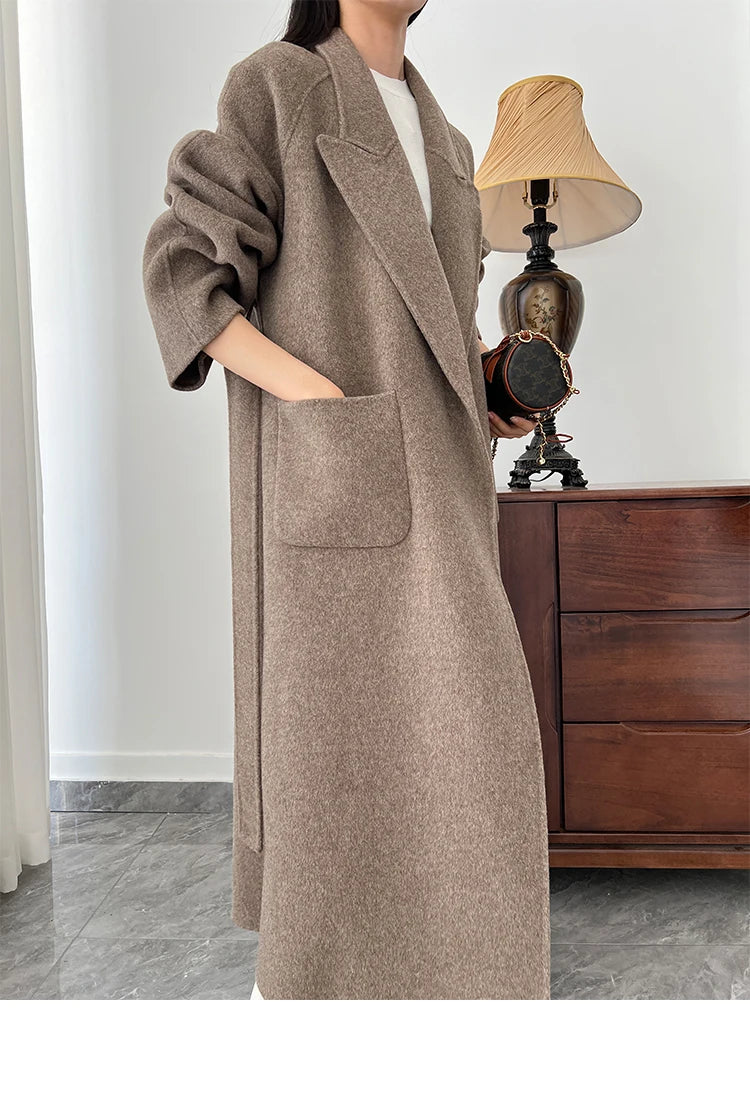 Office Lady Woolen Jackets 2024 Autumn And Winter Bathrobe Style Pocket Double-Sided Loose Lace -Up Tie Women's Long Wool Coats
