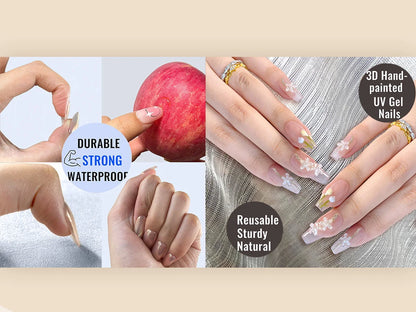 10PCS Handmade Manicure Press-On Nails French Style Medium Almond Shape with Blue Bow Design Includes Adhesive And Nail File Set