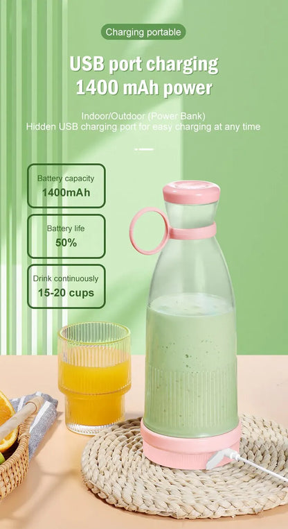 USB Rechargeable Portable Blender Juicer 380ml Compact Smoothie Maker for Fruits Vegetables Quiet Cordless Mixer with Travel Lid