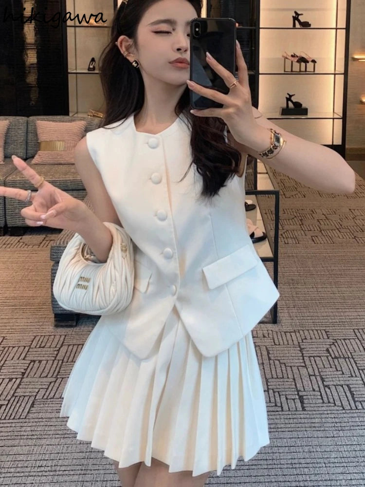 Womans Clothes for 2025 Two Piece Set Sleeveless Tunic Vest Coat High Waist Pleated Mini Skirts Outfits Chic Korean Summer Suit