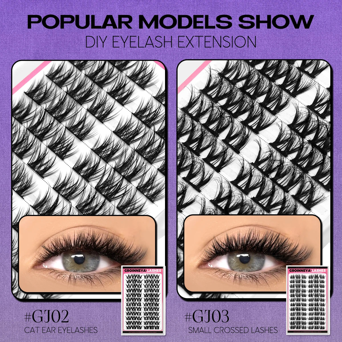 GROINNEYA Lash Clusters Kit DIY Lash Extension Volume Waterproof Individual Lashes Clusters Kit Lash Bond & Seal & Lash Tweezers