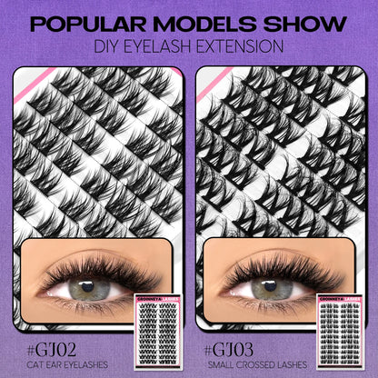 GROINNEYA Lash Clusters Kit DIY Lash Extension Volume Waterproof Individual Lashes Clusters Kit Lash Bond & Seal & Lash Tweezers