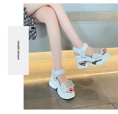 Summer High Platform Women Sandals Buckle 10CM Wedges Bling Shoes Fashion 2023 Outside Chunky Sandals Beach Casual Slides Woman