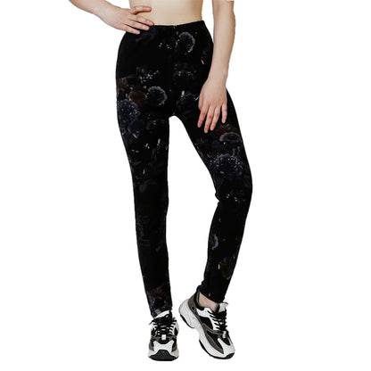 PD49 Fitness Leggings, WOMEN'S Dark Floral Pattern Running Pants, Fitness Printed Bottom Pants