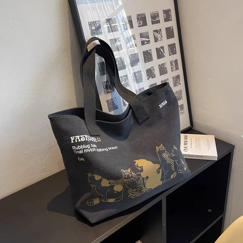 Canvas Totes Large Capacity Storage Handbag Women Tote Anime Cat Letters Shoulder Bags Girls Casual Commute Bag Portable Big Bag