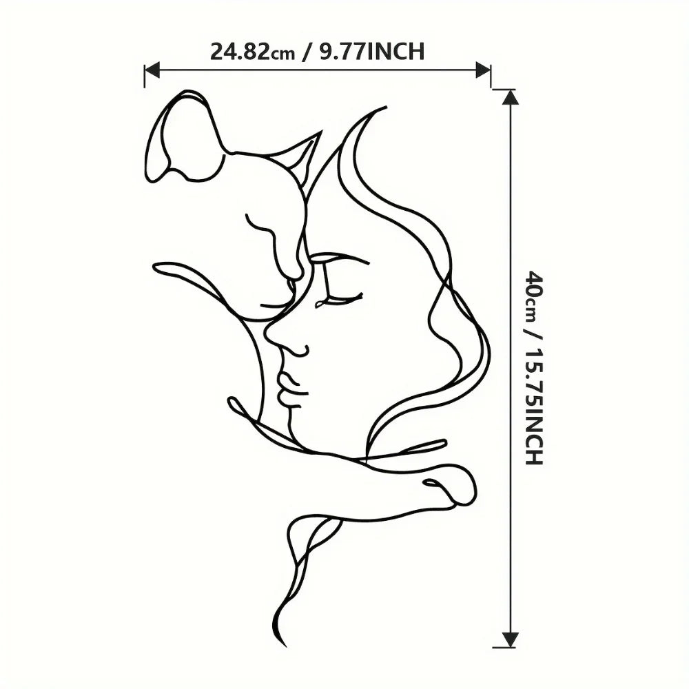 Elegant Cat and Woman Metal Wall Art - Minimalist Black Silhouette, Ideal for Cat Lovers & Sophisticated Home Décor