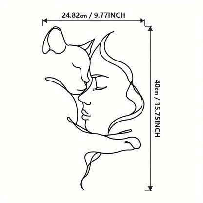 Elegant Cat and Woman Metal Wall Art - Minimalist Black Silhouette, Ideal for Cat Lovers & Sophisticated Home Décor