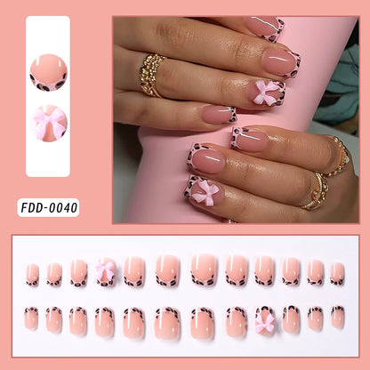24Pcs Gold Ripple Brown Flowers False Nails with Rhinestones Pearl Design Wearable Almond False Nails Full Cover Press on Nails