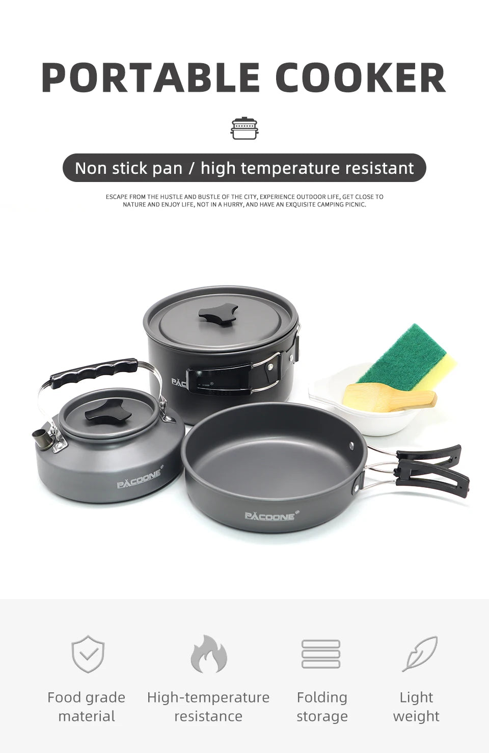PACOONE Camping Cookware Set Portable Cookware Kit Outdoor Pot Cooking Water Kettle Pan Set Tableware Hiking Picnic Equipment