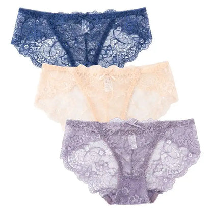3PCS Hollow Out See Through Underpants Comfortable Briefs Sexy Ladies Lace Transparent Panties Low-Rise Lingerie