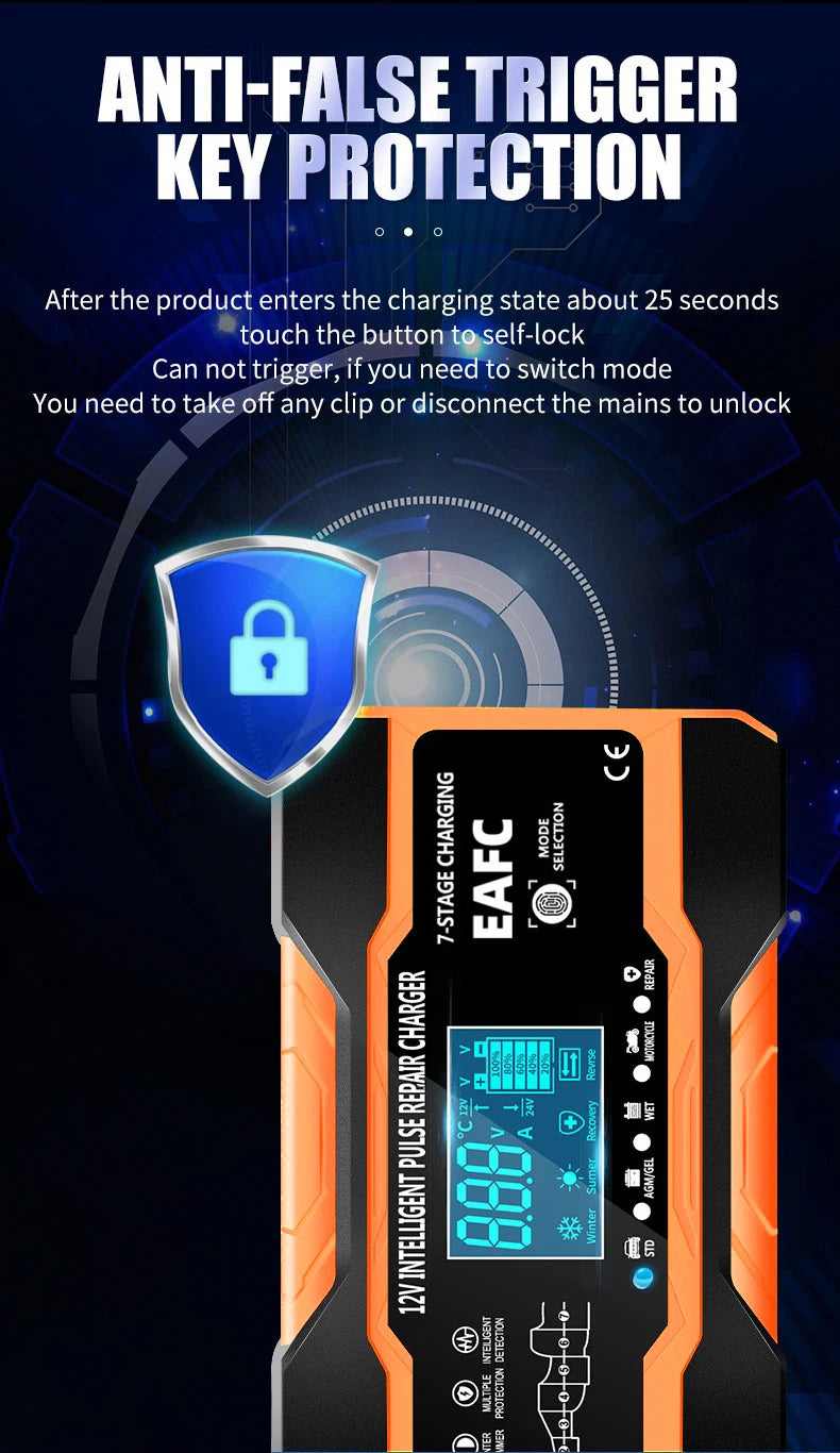 12V 24V 12A 10A Battery Charger Smart Fast Charging for Car Batteries 7-Stage Charge Pulse Repair for AGM GEL WET Lead Acid