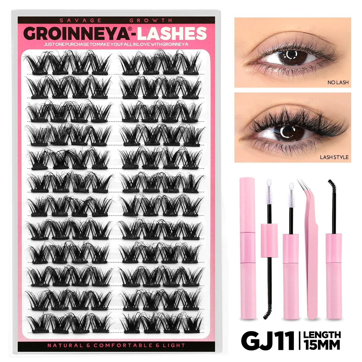 GROINNEYA Lash Clusters Kit DIY Lash Extension Volume Waterproof Individual Lashes Clusters Kit Lash Bond & Seal & Lash Tweezers