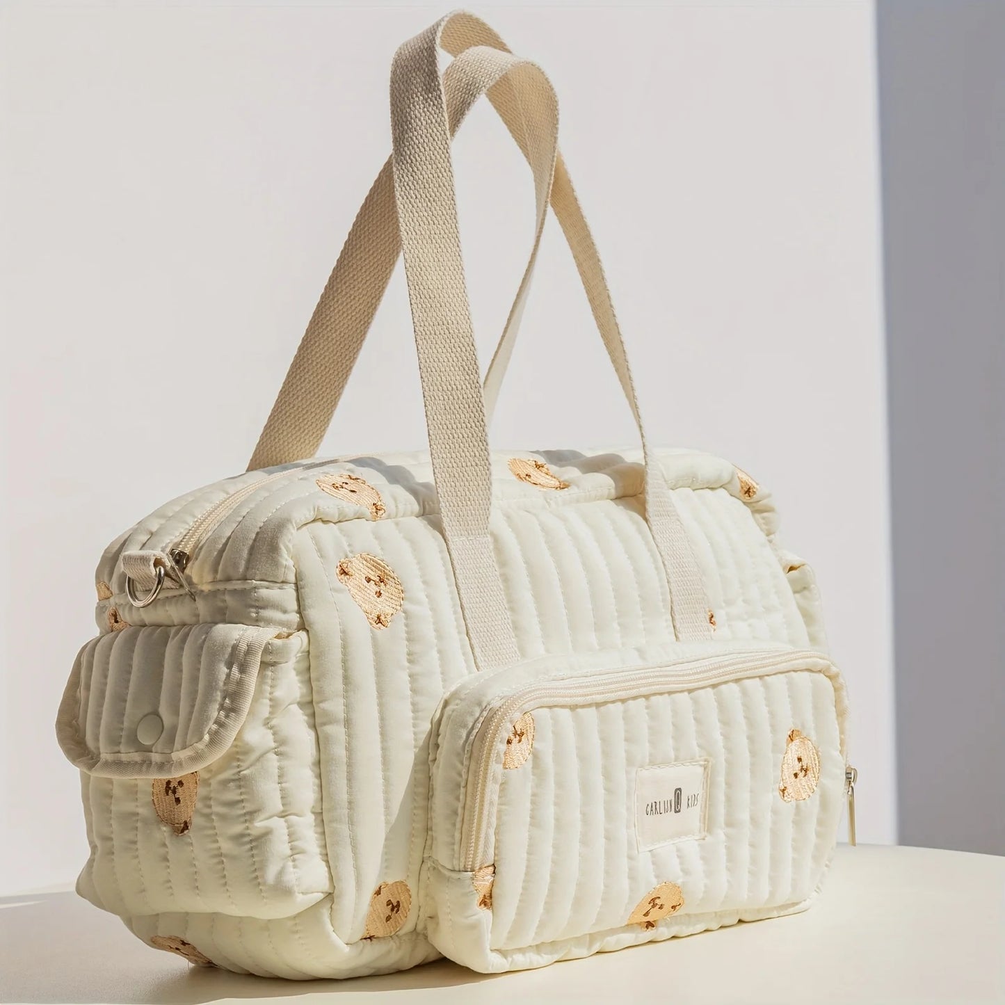 Mom'S Portable Diaper Bag with Bear Patch Durable Polyester Hand Washable Ideal for Travel and Daily Use Travel Diaper Bag