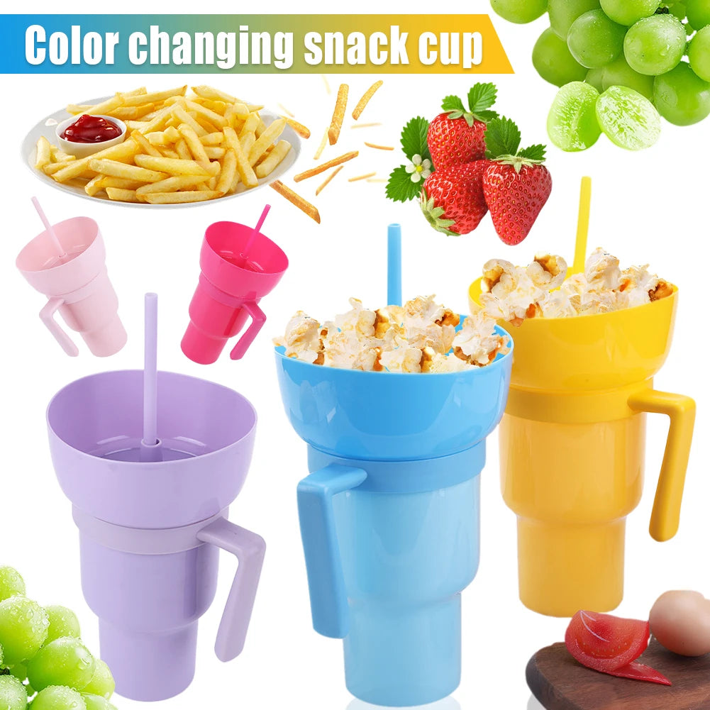New 2 IN 1 Creative Popcorn Snack Cup Integrated Beverage Cup with Handle Portable Beverage Cup Novel Design and Many Functions