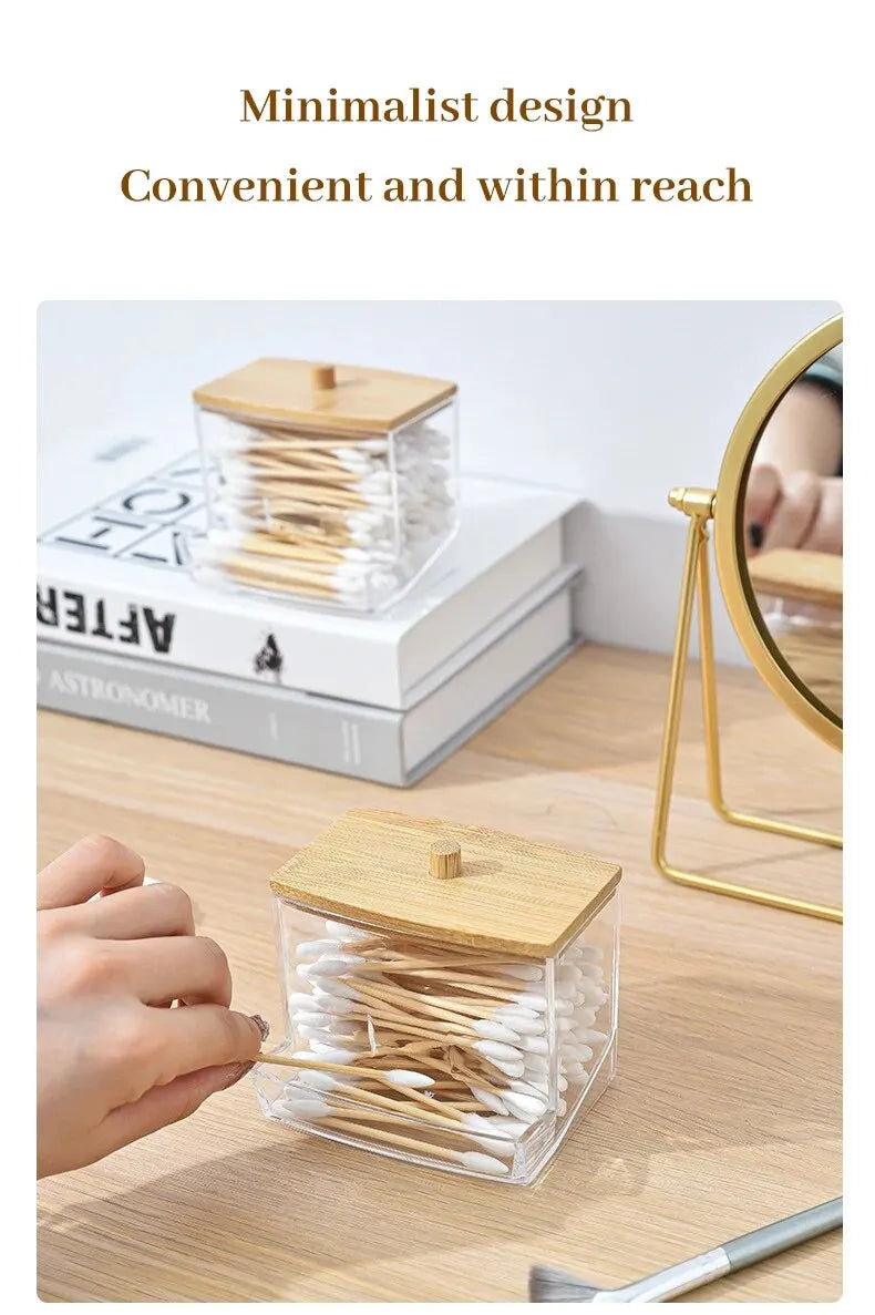 1set Transparent Acrylic Wood Cover Cotton Swab Box With 500 Cotton Swabs Cosmetic Cotton Storage Box