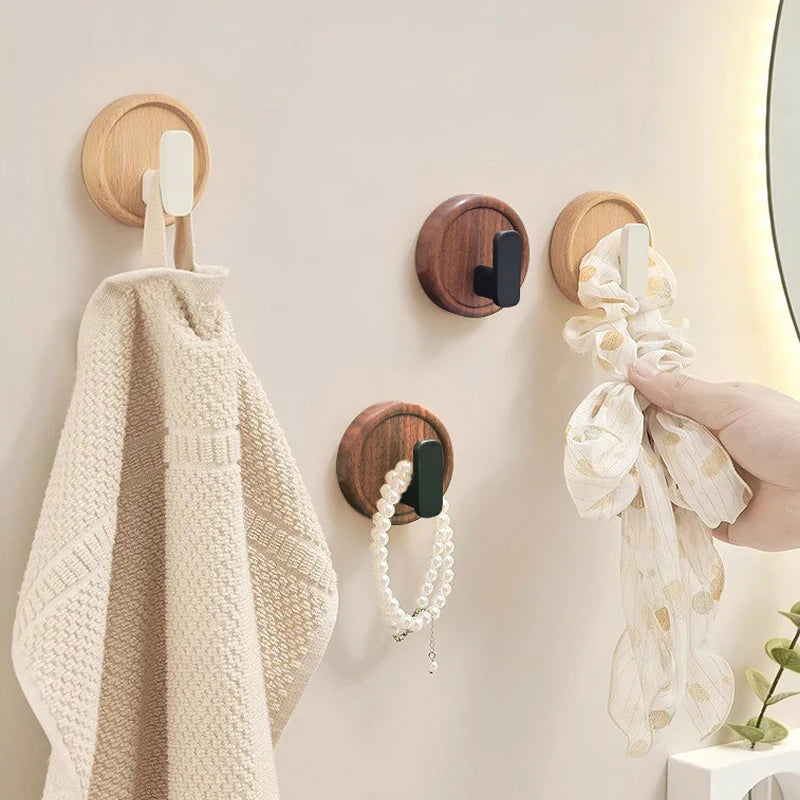 Self Adhesive Wall Hooks Walnut Hanging Hooks For Kitchen Bathroom Solid Hook Coat Storage Hook Home Towel Key Bag Decor Holder
