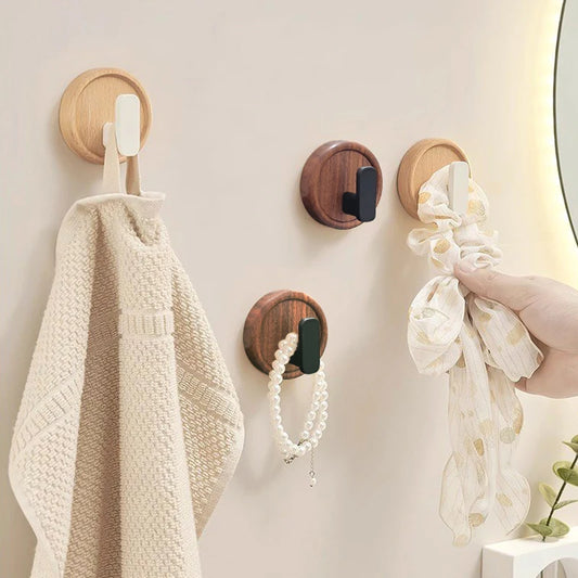 Self Adhesive Wall Hooks Walnut Hanging Hooks For Kitchen Bathroom Solid Hook Coat Storage Hook Home Towel Key Bag Decor Holder