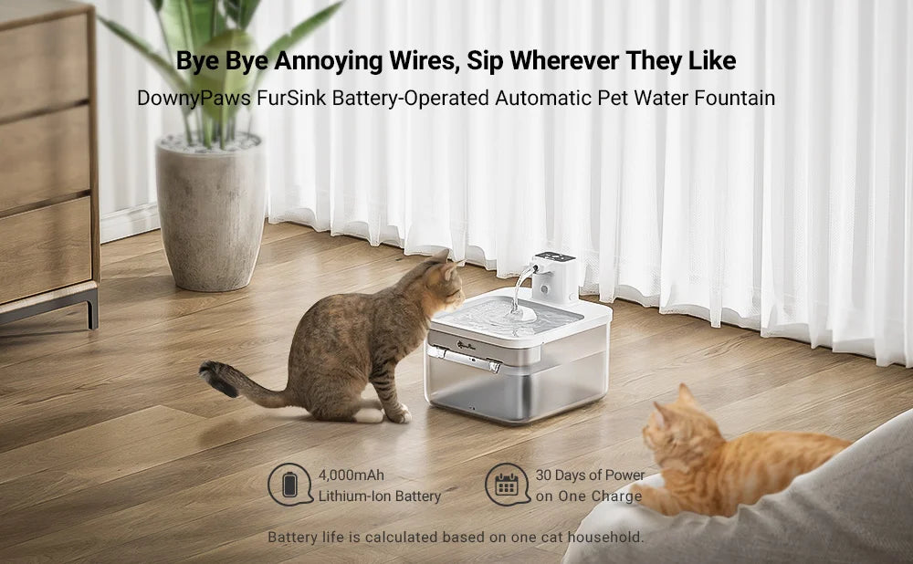 DownyPaws 2.5L Wireless Cat Water Fountain Battery Operated Automatic Pet Water Fountain with Motion Sensor Dog Water Dispenser