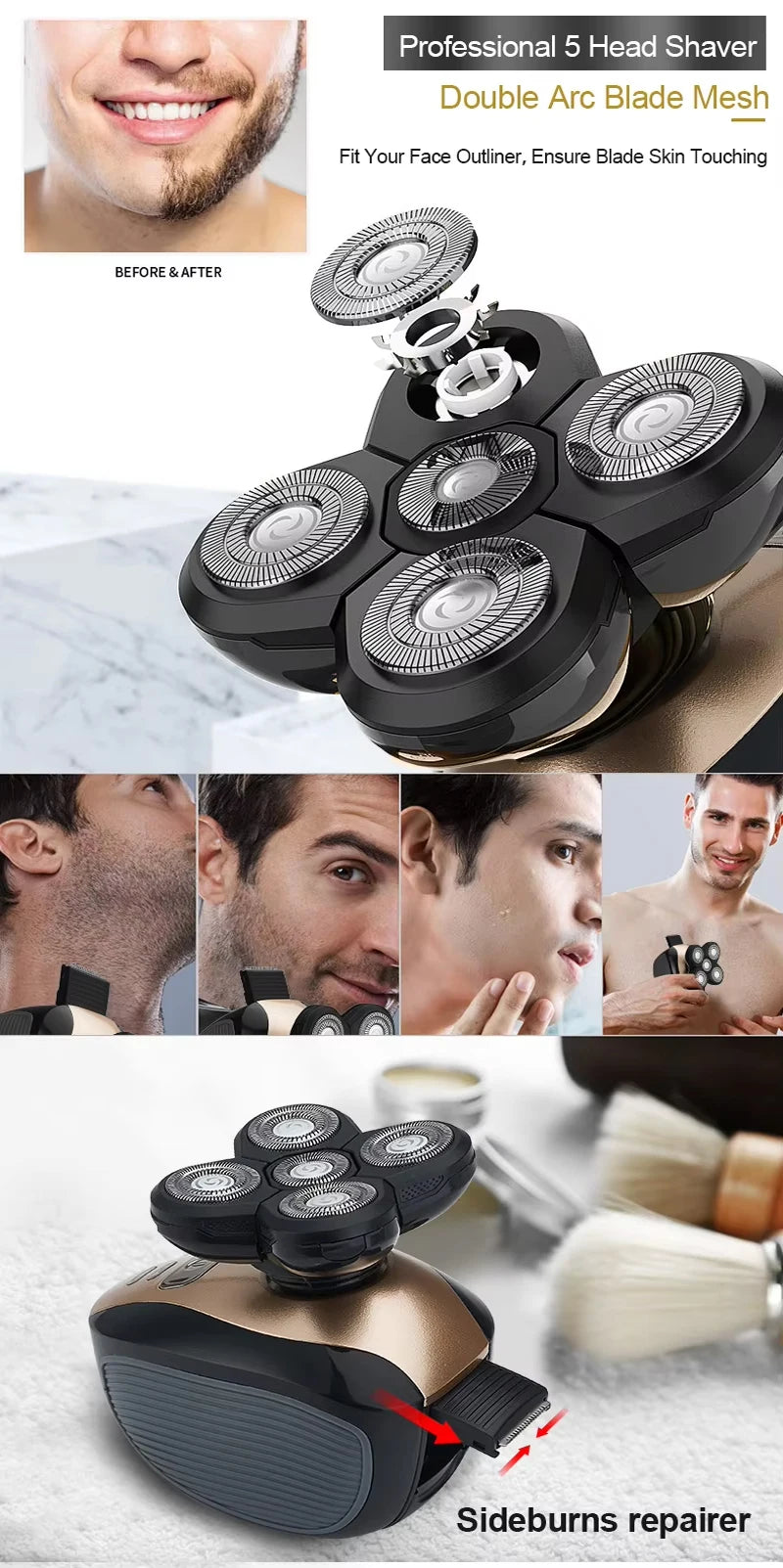 New Five Head Household Electric Hair Clipper, Bald Head, USB Charging, Large Capacity, Suitable for Facial Shaving