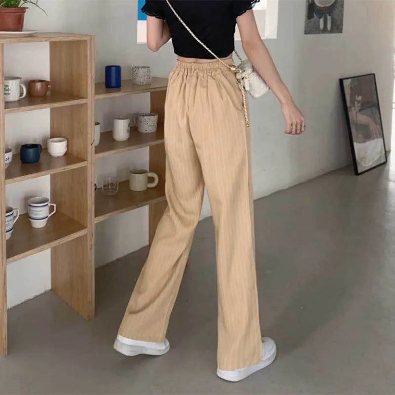 Women's Formal Office Wear Suit Pants Vintage High Waist Baggy Striped Pants Woman Korean All-Match Straight Trousers Female