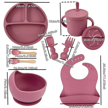 Food Grade Silicone Child Dish Set Baby Feeding Bowl Suction Plate Straw Cup Wooden Spoon Fork for Kids Tableware Toddler Dishes