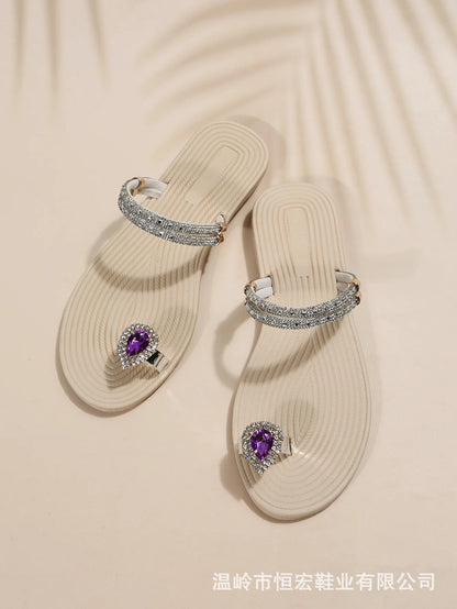 Flip-flops women 2024 summer new two-wear beach sandals European and American rhinestones soft soles flat slippers
