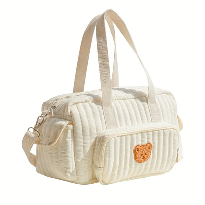 Mom'S Portable Diaper Bag with Bear Patch Durable Polyester Hand Washable Ideal for Travel and Daily Use Travel Diaper Bag
